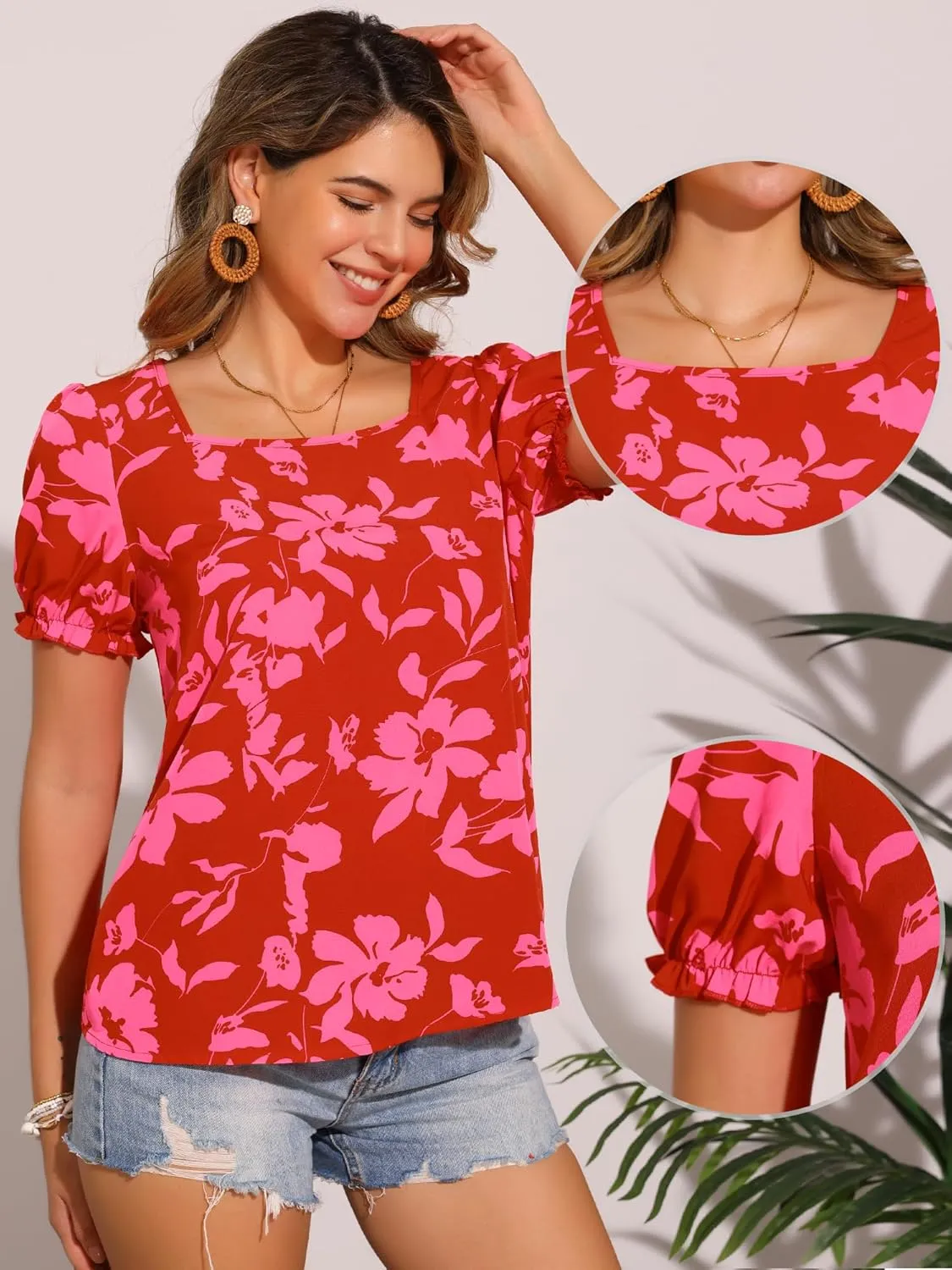 Allegra K Floral Blouse for Women's Square Neck Tops 2024 Summer Casual Puff Short Sleeve Blouse