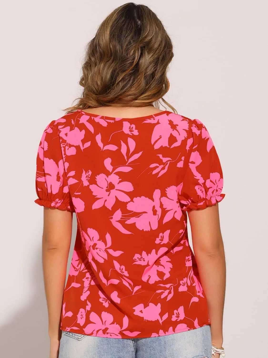 Allegra K Floral Blouse for Women's Square Neck Tops 2024 Summer Casual Puff Short Sleeve Blouse