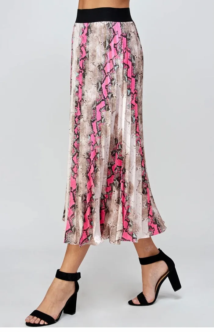 Animal Print Pleats Midi Skirt - Hot Pink