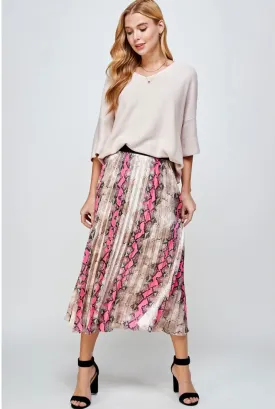 Animal Print Pleats Midi Skirt - Hot Pink