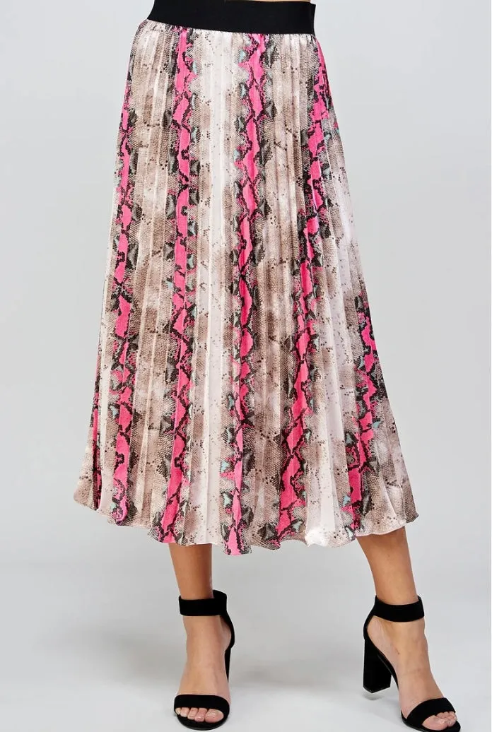 Animal Print Pleats Midi Skirt - Hot Pink