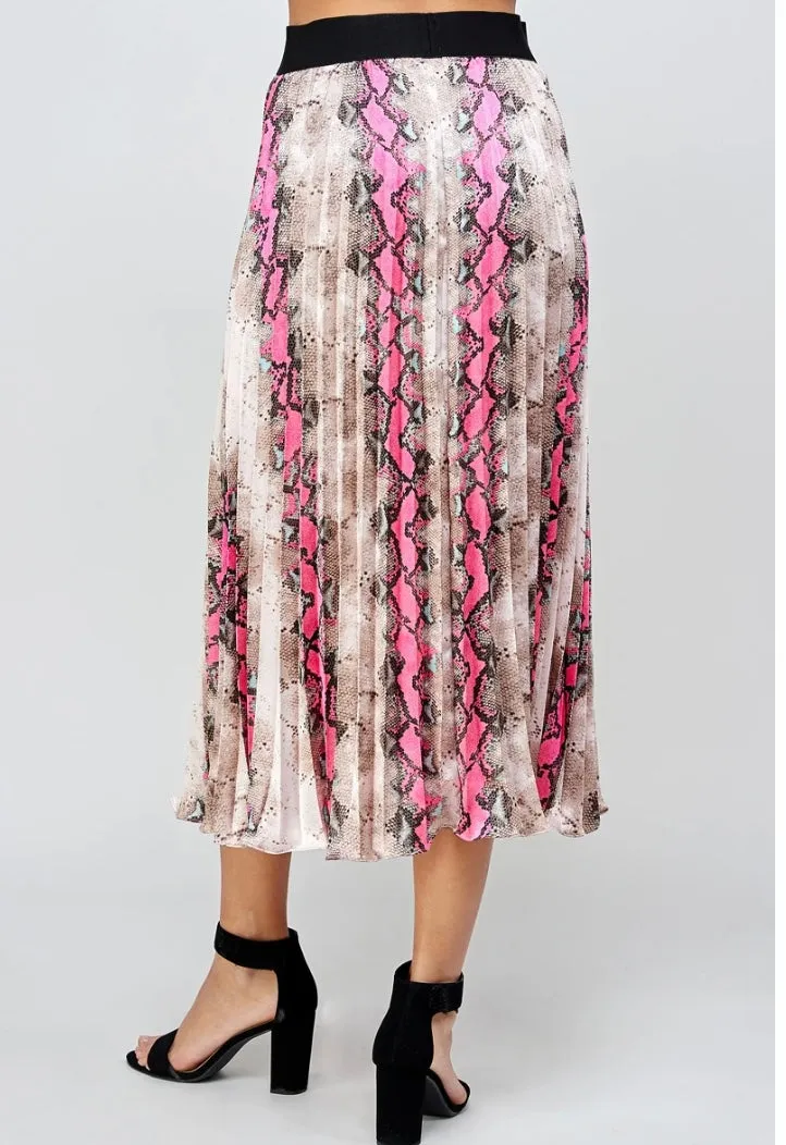 Animal Print Pleats Midi Skirt - Hot Pink