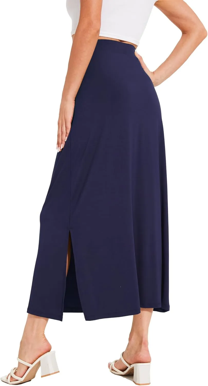 Bamboo Viscose Skirts for Women Midi Length Flowy High Waisted Summer Knit Long Skirts with Slit