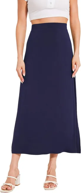 Bamboo Viscose Skirts for Women Midi Length Flowy High Waisted Summer Knit Long Skirts with Slit