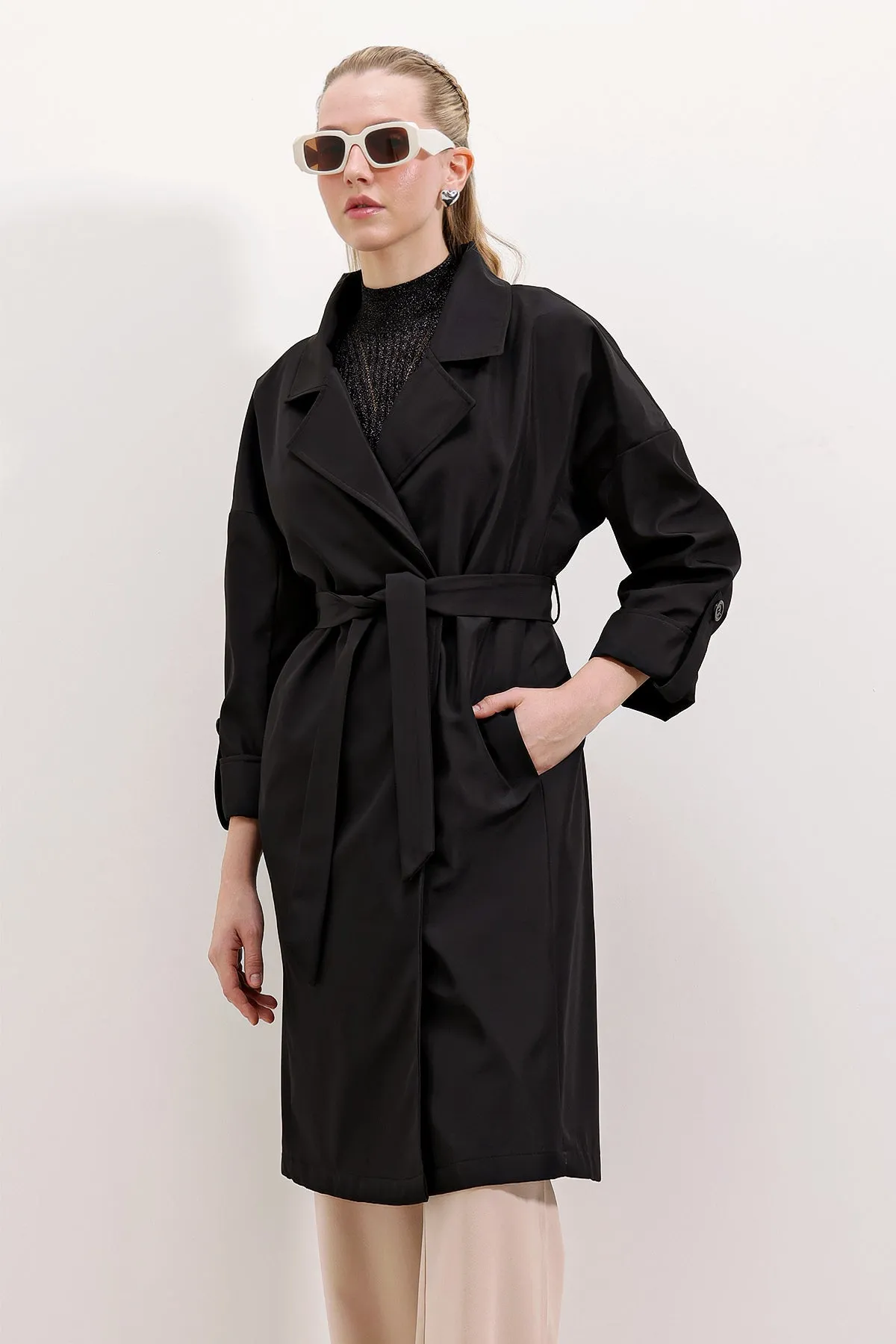 BGD Women Double-Breasted Collar Lined Trench Coat - Black - Avondale