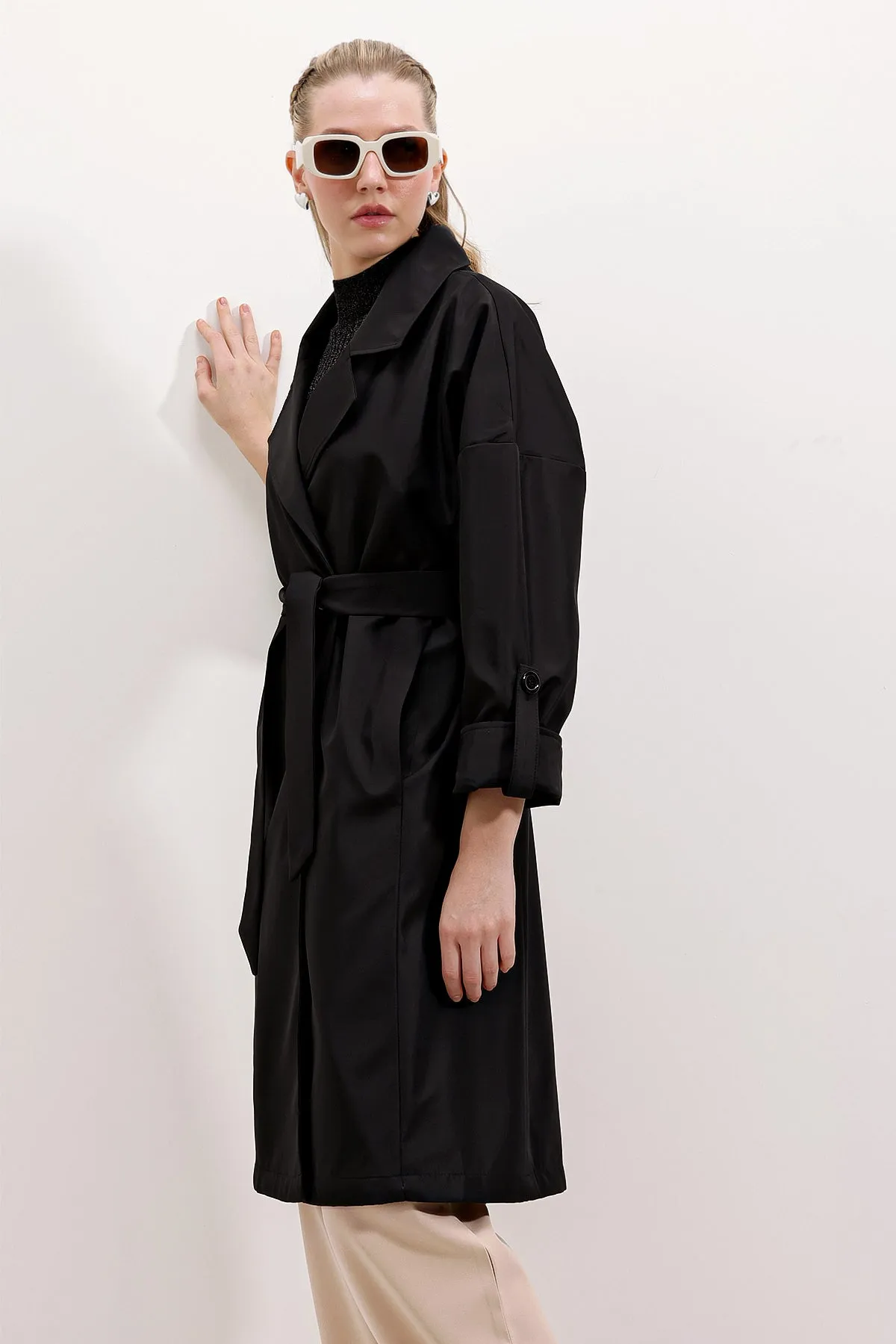 BGD Women Double-Breasted Collar Lined Trench Coat - Black - Avondale