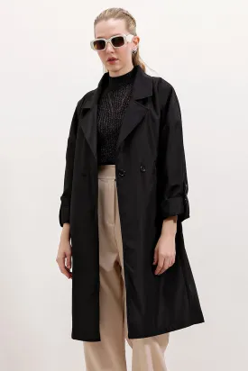 BGD Women Double-Breasted Collar Lined Trench Coat - Black - Avondale
