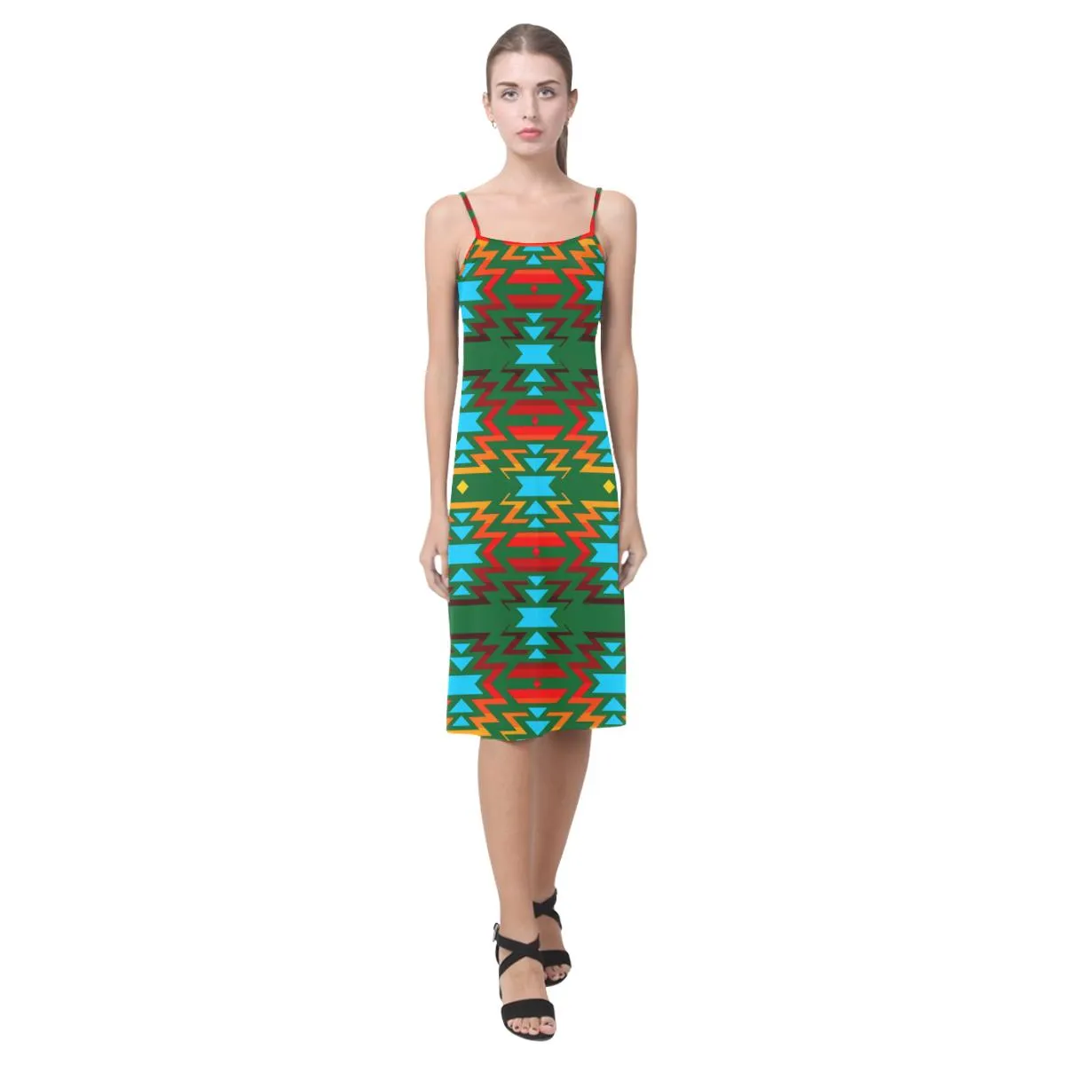 Big Pattern Fire Colors and Sky green Alcestis Slip Dress
