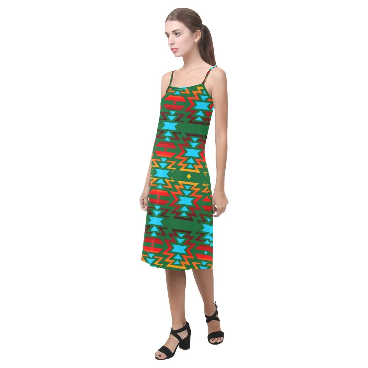 Big Pattern Fire Colors and Sky green Alcestis Slip Dress