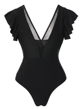 Black 1950s Solid Ruffle Sleeve One-Piece Swimsuit