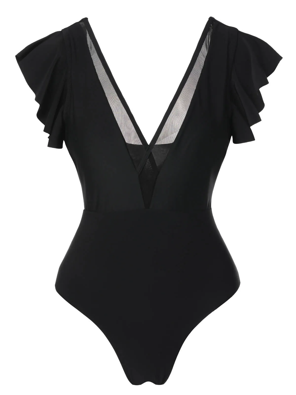 Black 1950s Solid Ruffle Sleeve One-Piece Swimsuit