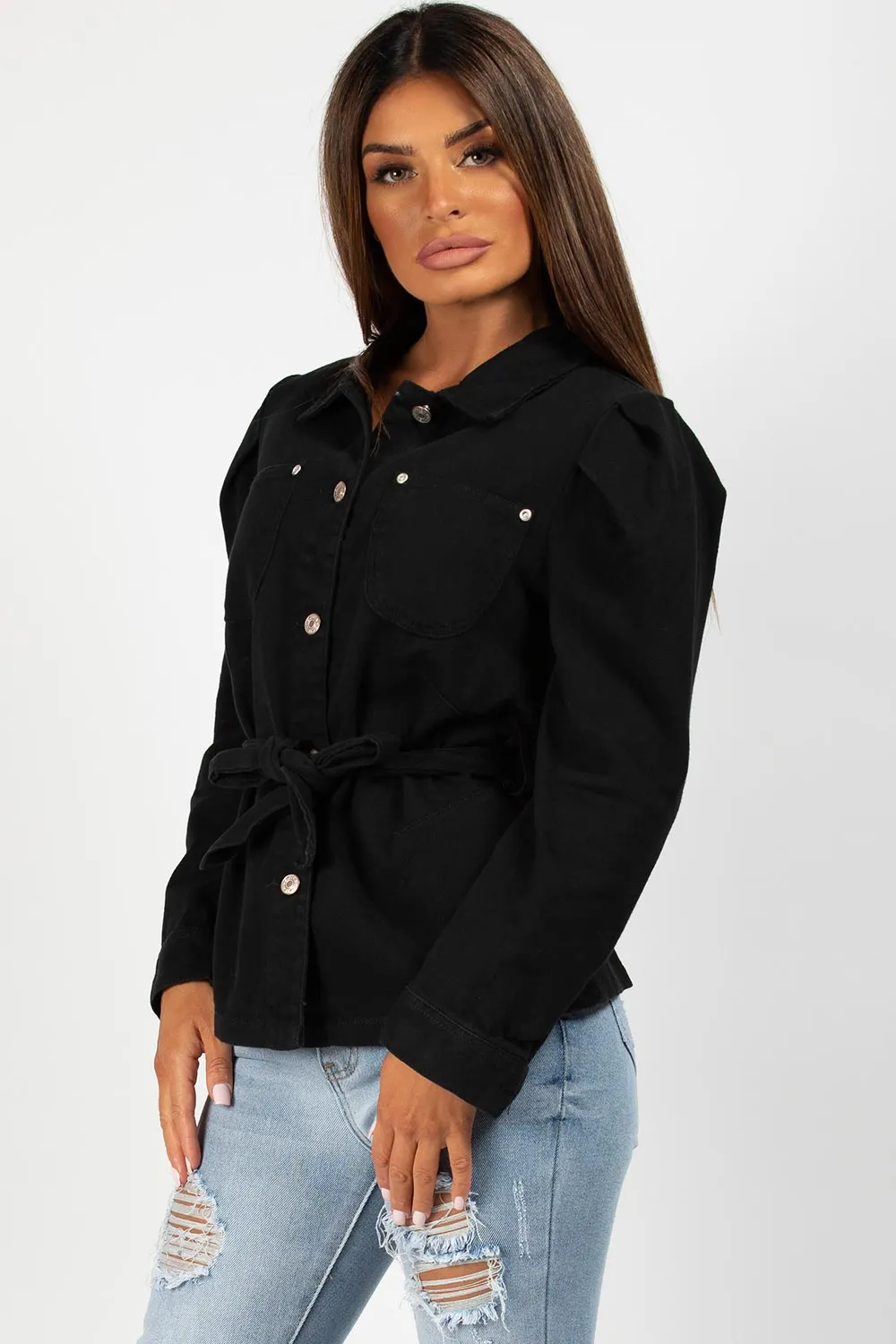 Black Denim Jacket With Puff Sleeves