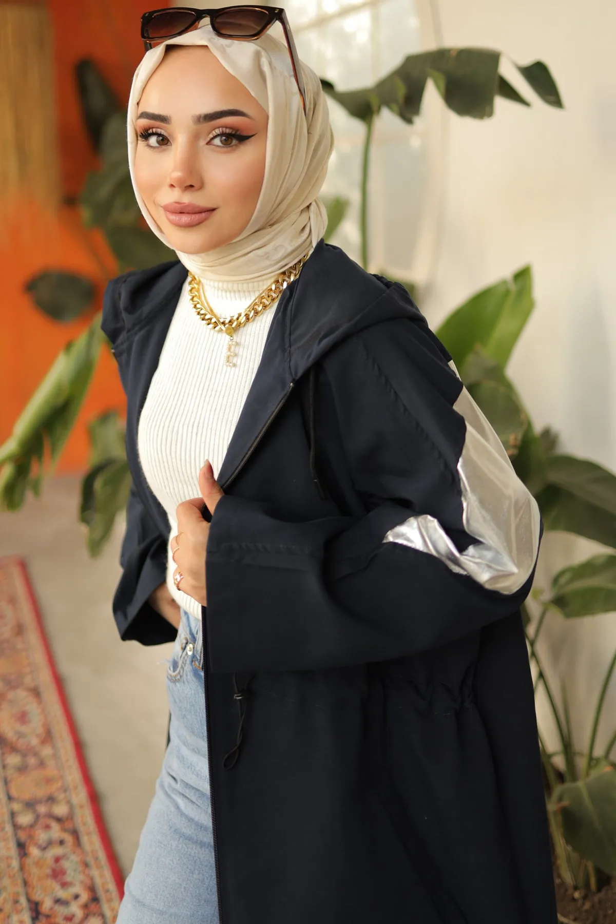 BNG Women Black Trench Coat with Bright Sleeve Details - Clermont