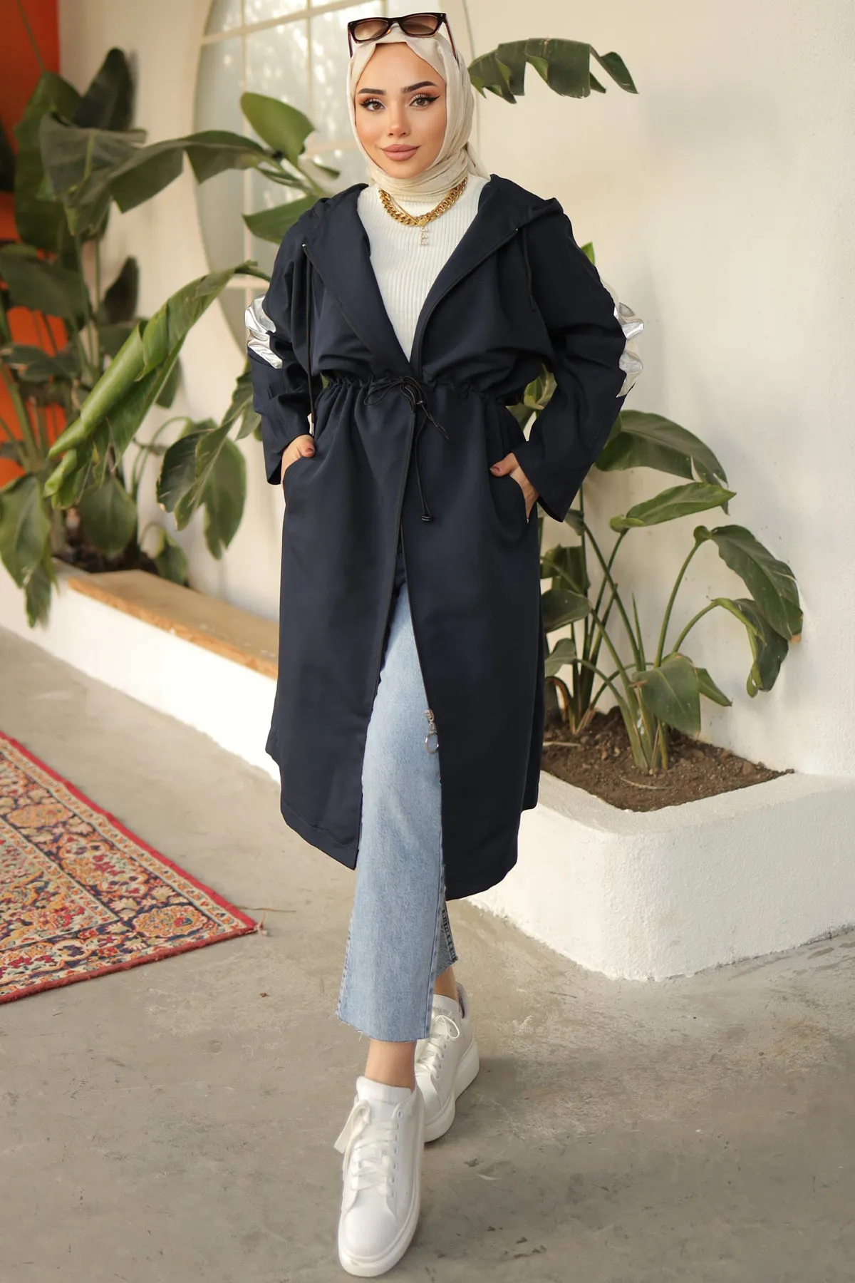 BNG Women Black Trench Coat with Bright Sleeve Details - Clermont