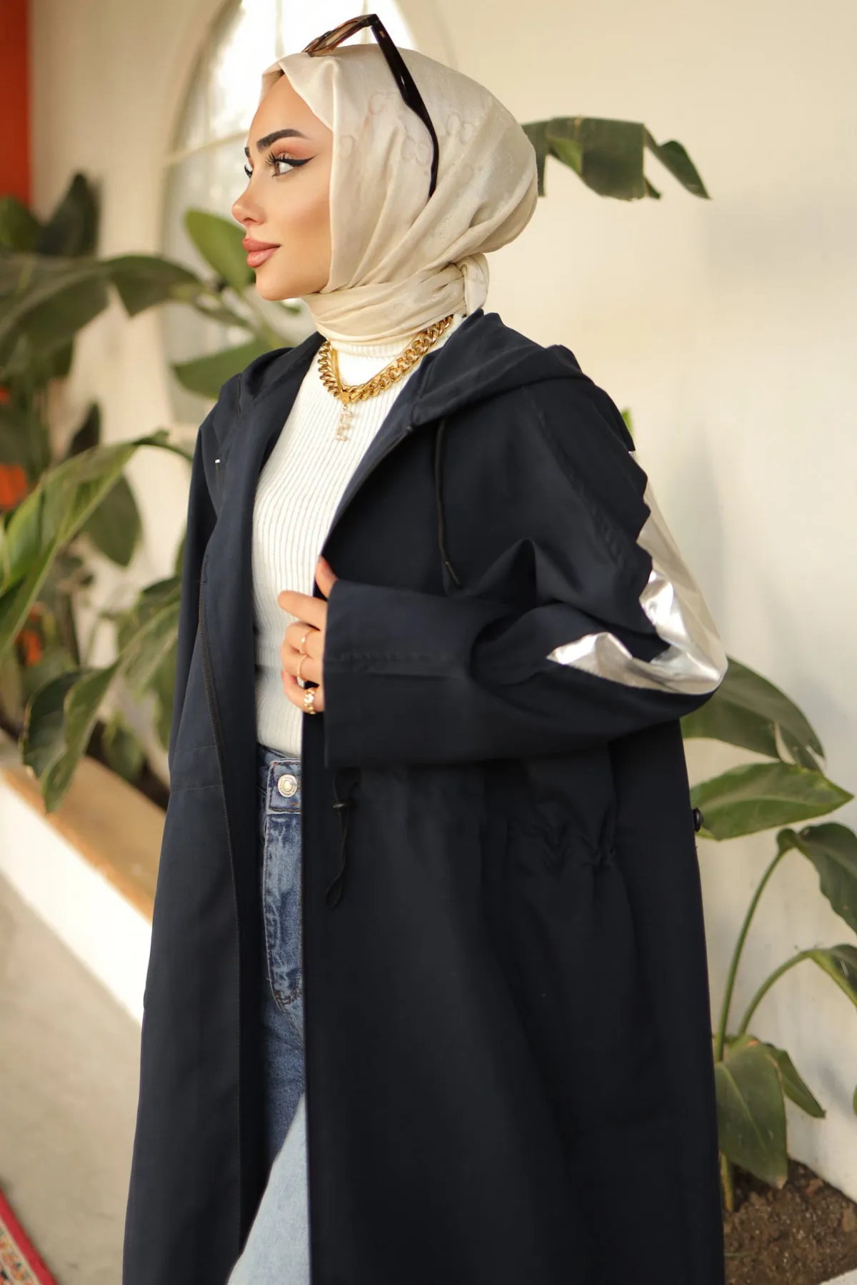 BNG Women Black Trench Coat with Bright Sleeve Details - Clermont