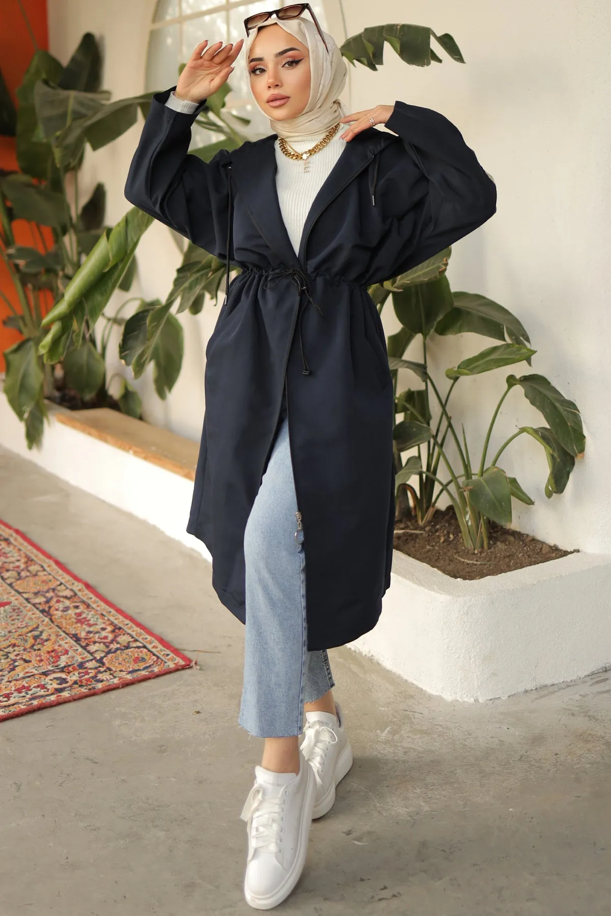 BNG Women Black Trench Coat with Bright Sleeve Details - Clermont