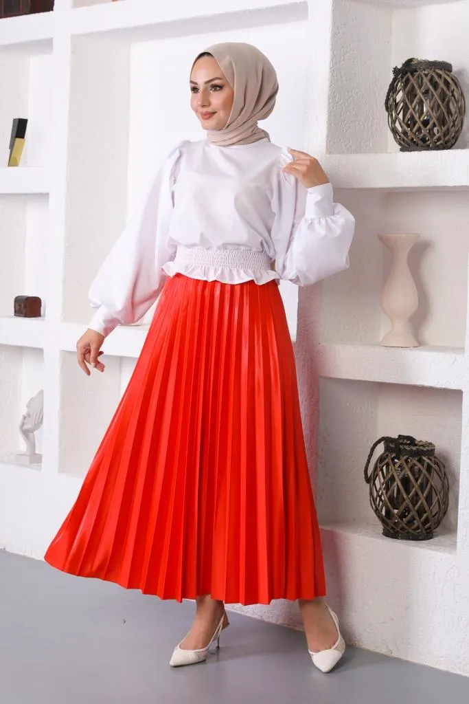 BNG Women Elastic Waist Pleated Hijab Skirt Pomegranate Flower - Clermont