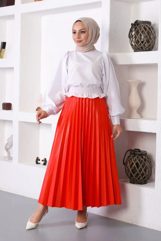 BNG Women Elastic Waist Pleated Hijab Skirt Pomegranate Flower - Clermont