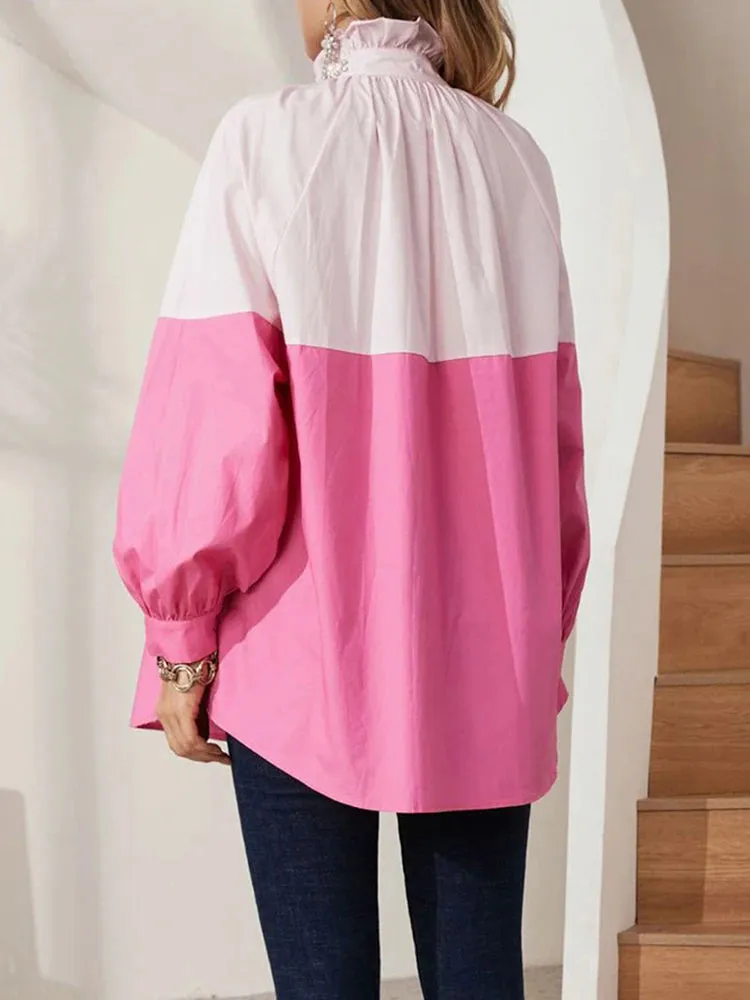 Casual Hit Color Shirts For Women Stand Collar Long Sleeve Spliced Single Breasted Loose Blouses Female Spring Clothing New