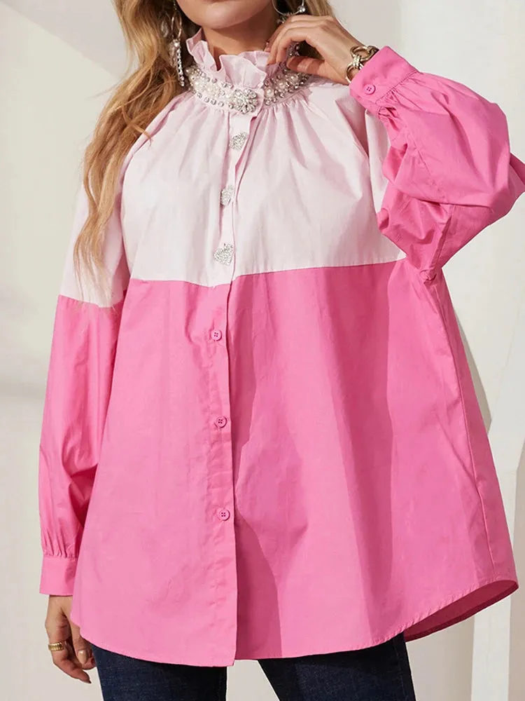 Casual Hit Color Shirts For Women Stand Collar Long Sleeve Spliced Single Breasted Loose Blouses Female Spring Clothing New