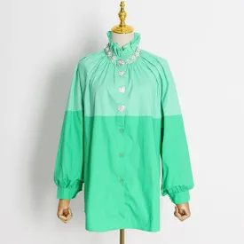 Casual Hit Color Shirts For Women Stand Collar Long Sleeve Spliced Single Breasted Loose Blouses Female Spring Clothing New
