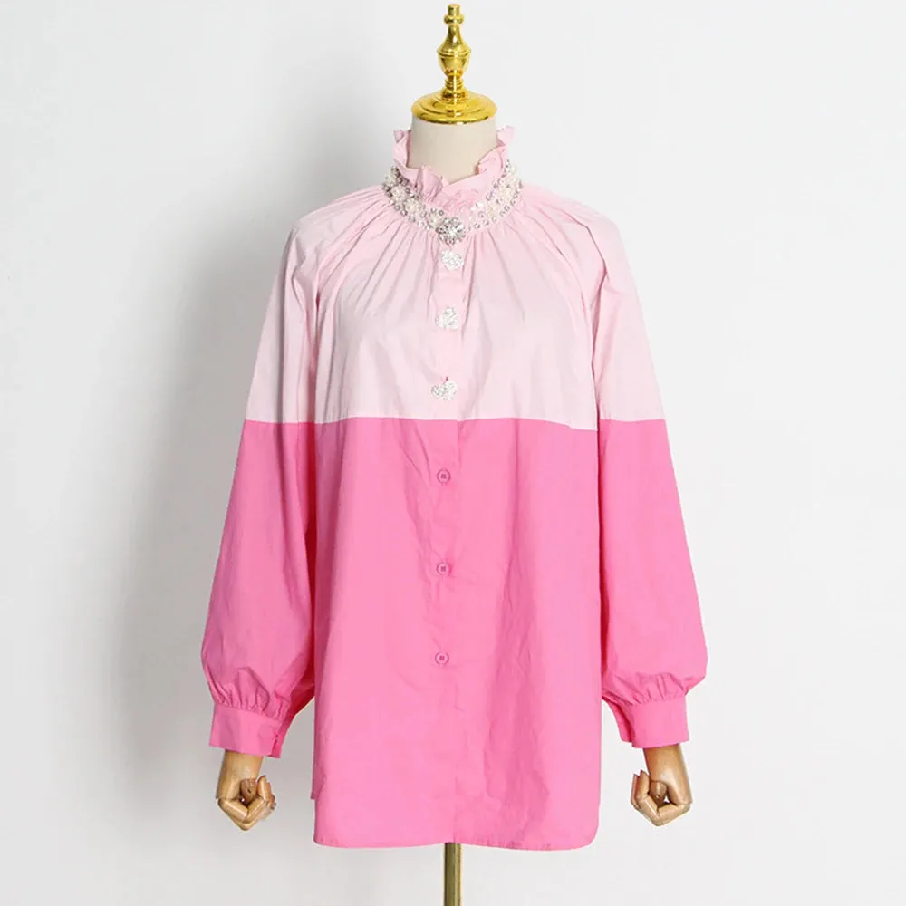 Casual Hit Color Shirts For Women Stand Collar Long Sleeve Spliced Single Breasted Loose Blouses Female Spring Clothing New