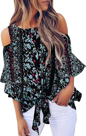 Chuanqi Womens Cold Shoulder Blouse Bell Sleeve Tie Knot Casual Summer Shirt Tops