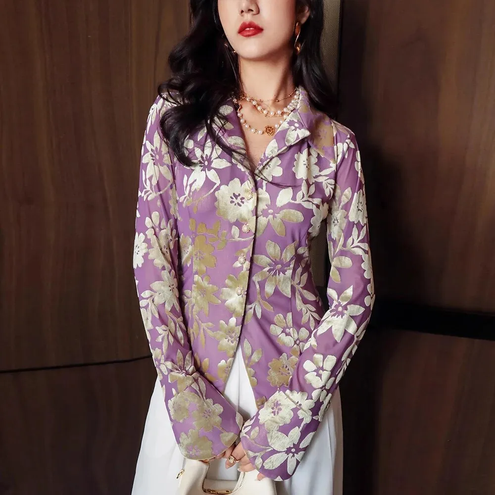 Colorblock Jacquard Casual Slimming Shirts For Women Lapel Long Sleeve Spliced Single Breasted Blouse Female