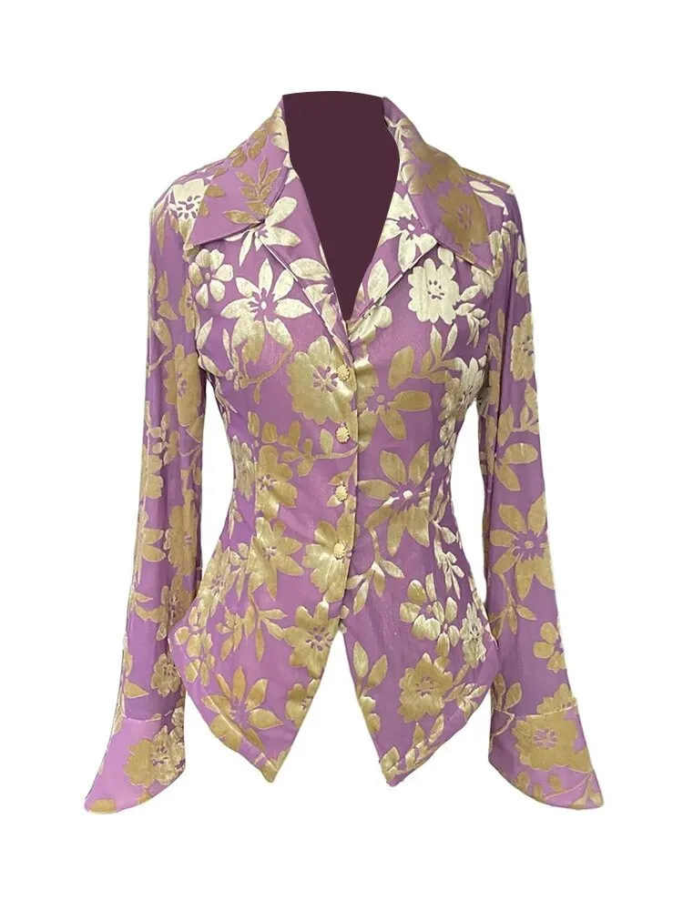 Colorblock Jacquard Casual Slimming Shirts For Women Lapel Long Sleeve Spliced Single Breasted Blouse Female