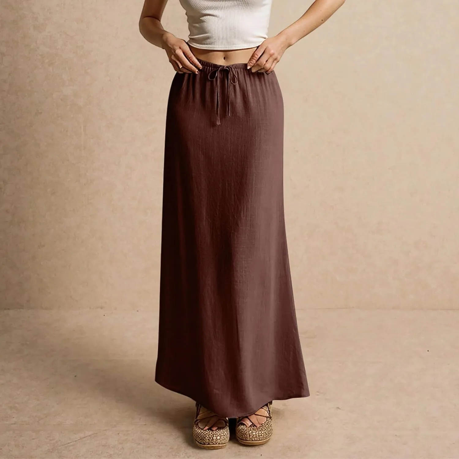Cotton Linen Skirts for Women Maxi Length Summer Skirts Low Rise A-Line Casual Drawstring Long Flowy Loose Beach Skirt