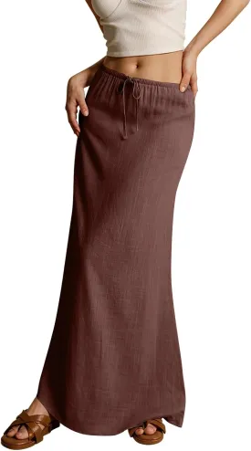 Cotton Linen Skirts for Women Maxi Length Summer Skirts Low Rise A-Line Casual Drawstring Long Flowy Loose Beach Skirt
