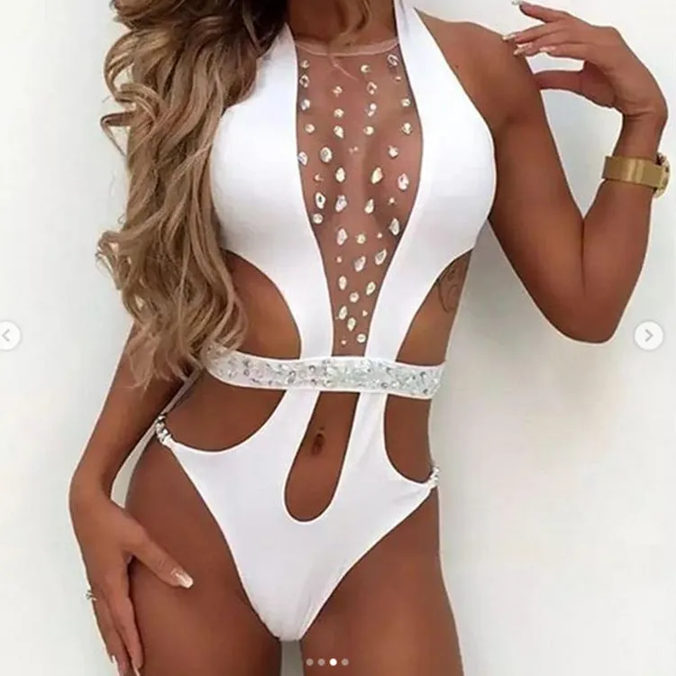Cutout Rhinestones High Cut Sheer Swimsuit
