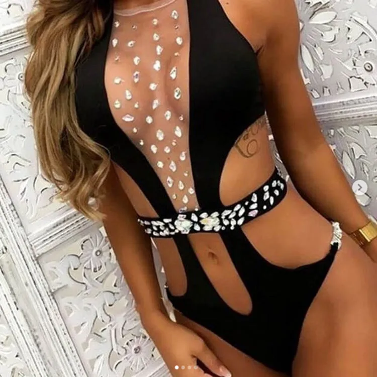 Cutout Rhinestones High Cut Sheer Swimsuit