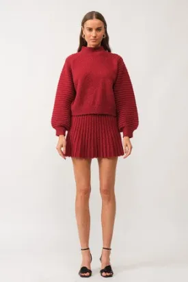 Dark Red Knit Pleated Skirt Set