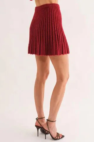 Dark Red Knit Pleated Skirt Set