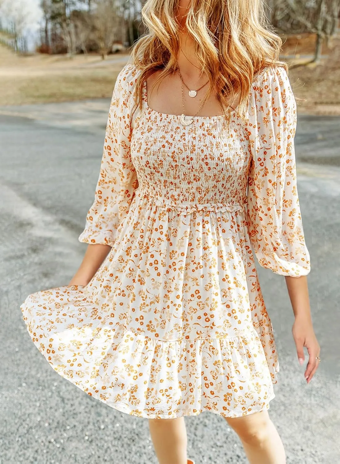 Dokotoo Spring Dresses for Women 2025 Boho Floral Square Neck Smocked 3/4 Sleeve Casual A-Line Swing Mini Dress Sundress