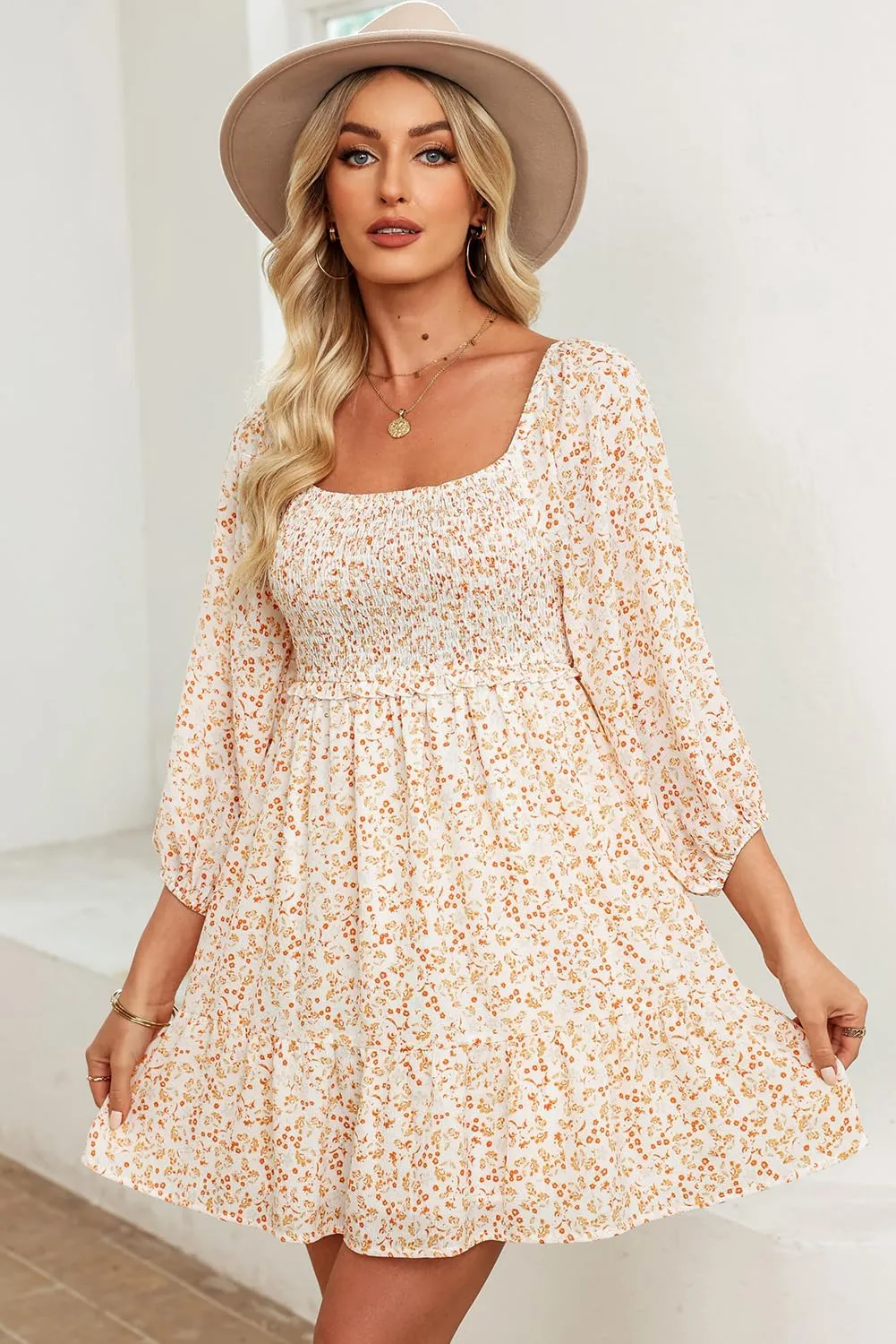 Dokotoo Spring Dresses for Women 2025 Boho Floral Square Neck Smocked 3/4 Sleeve Casual A-Line Swing Mini Dress Sundress