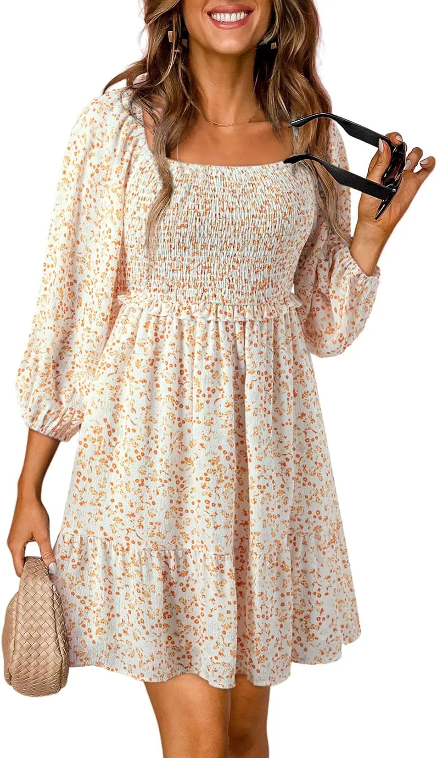 Dokotoo Spring Dresses for Women 2025 Boho Floral Square Neck Smocked 3/4 Sleeve Casual A-Line Swing Mini Dress Sundress