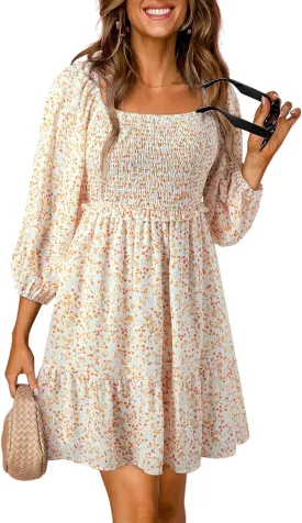 Dokotoo Spring Dresses for Women 2025 Boho Floral Square Neck Smocked 3/4 Sleeve Casual A-Line Swing Mini Dress Sundress