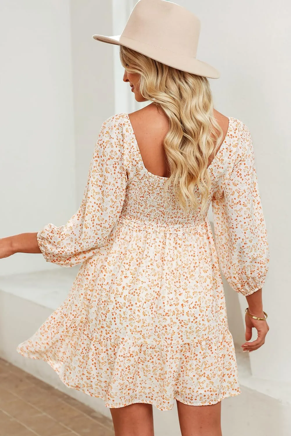 Dokotoo Spring Dresses for Women 2025 Boho Floral Square Neck Smocked 3/4 Sleeve Casual A-Line Swing Mini Dress Sundress