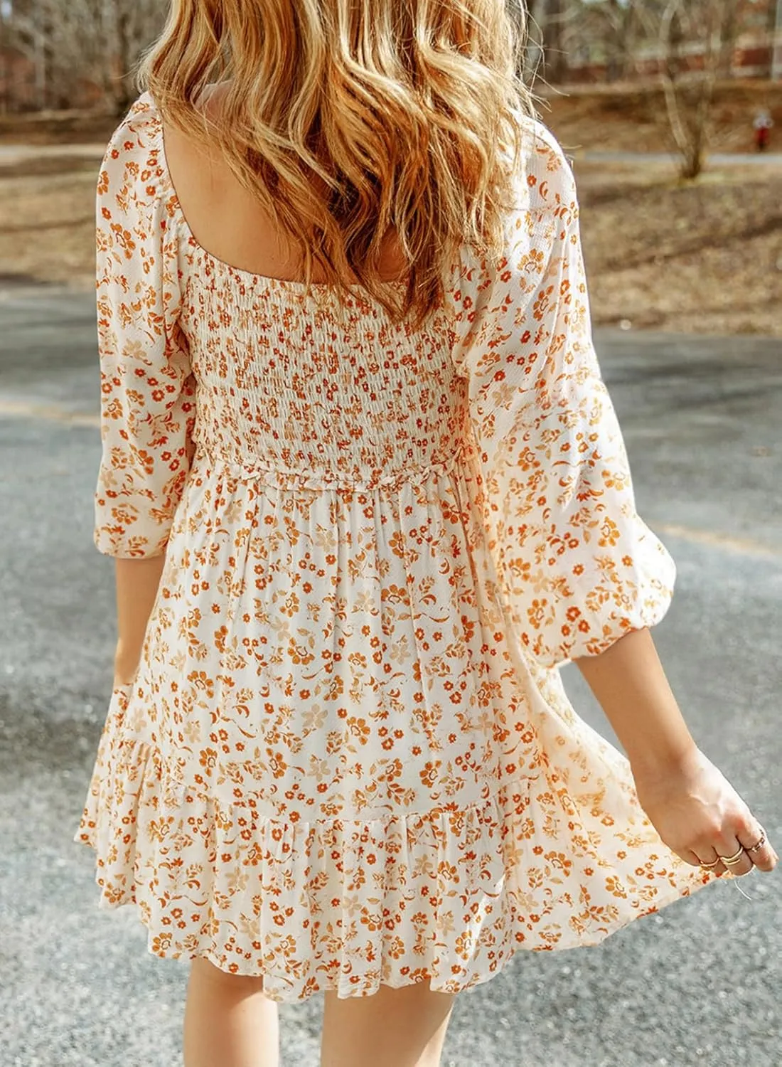 Dokotoo Spring Dresses for Women 2025 Boho Floral Square Neck Smocked 3/4 Sleeve Casual A-Line Swing Mini Dress Sundress