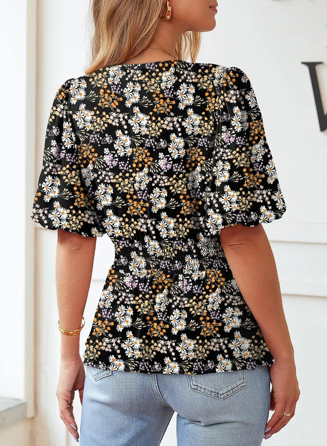 Dokotoo Womens Floral Print Ruffle Half Sleeve Blouses V Neck Decorative Buttons Elastic Waist Casual Summer Tops