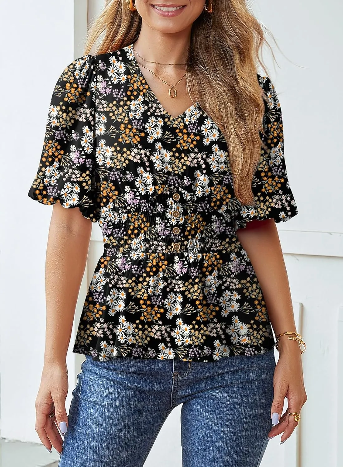 Dokotoo Womens Floral Print Ruffle Half Sleeve Blouses V Neck Decorative Buttons Elastic Waist Casual Summer Tops