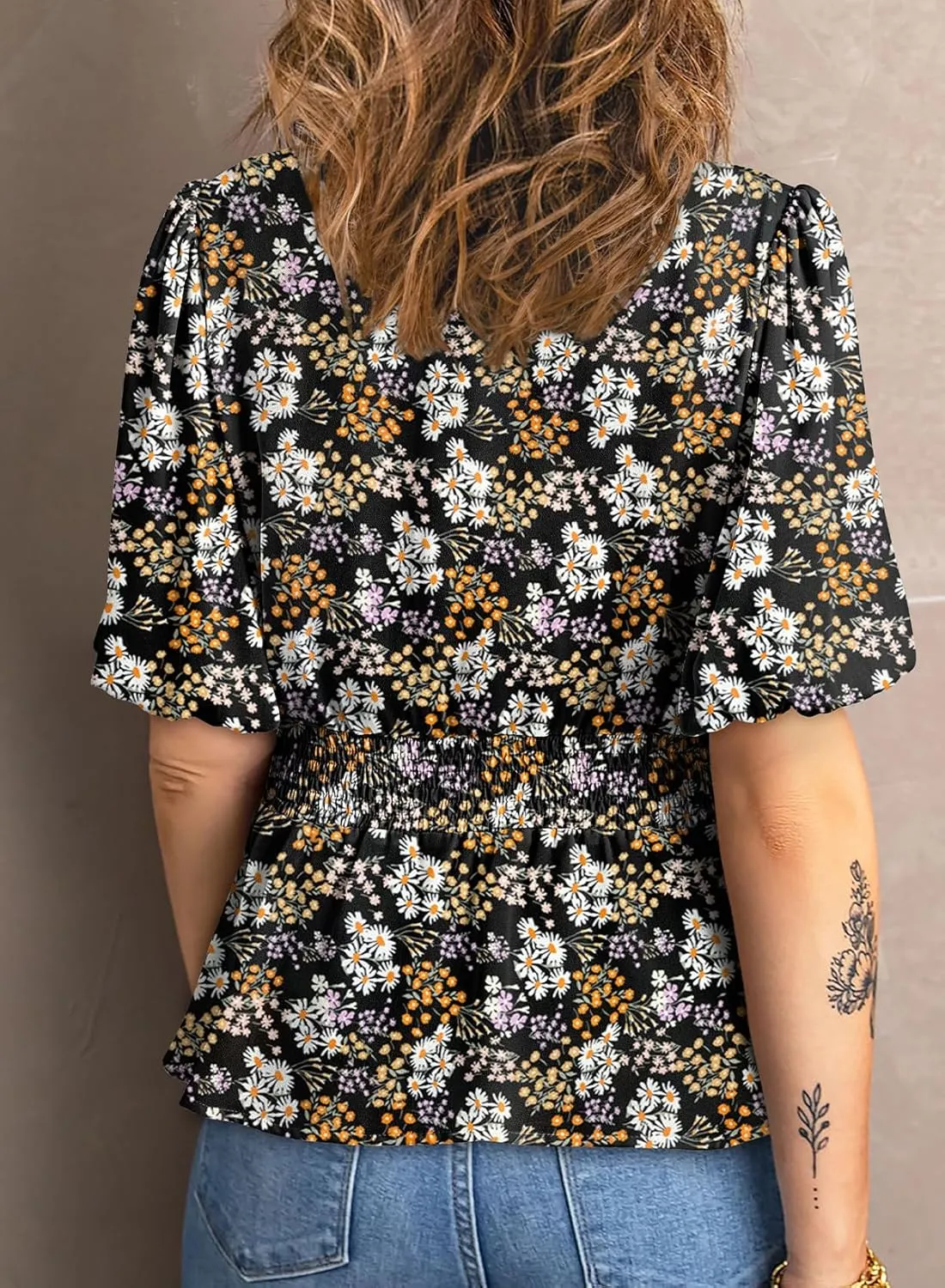 Dokotoo Womens Floral Print Ruffle Half Sleeve Blouses V Neck Decorative Buttons Elastic Waist Casual Summer Tops