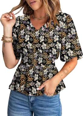 Dokotoo Womens Floral Print Ruffle Half Sleeve Blouses V Neck Decorative Buttons Elastic Waist Casual Summer Tops