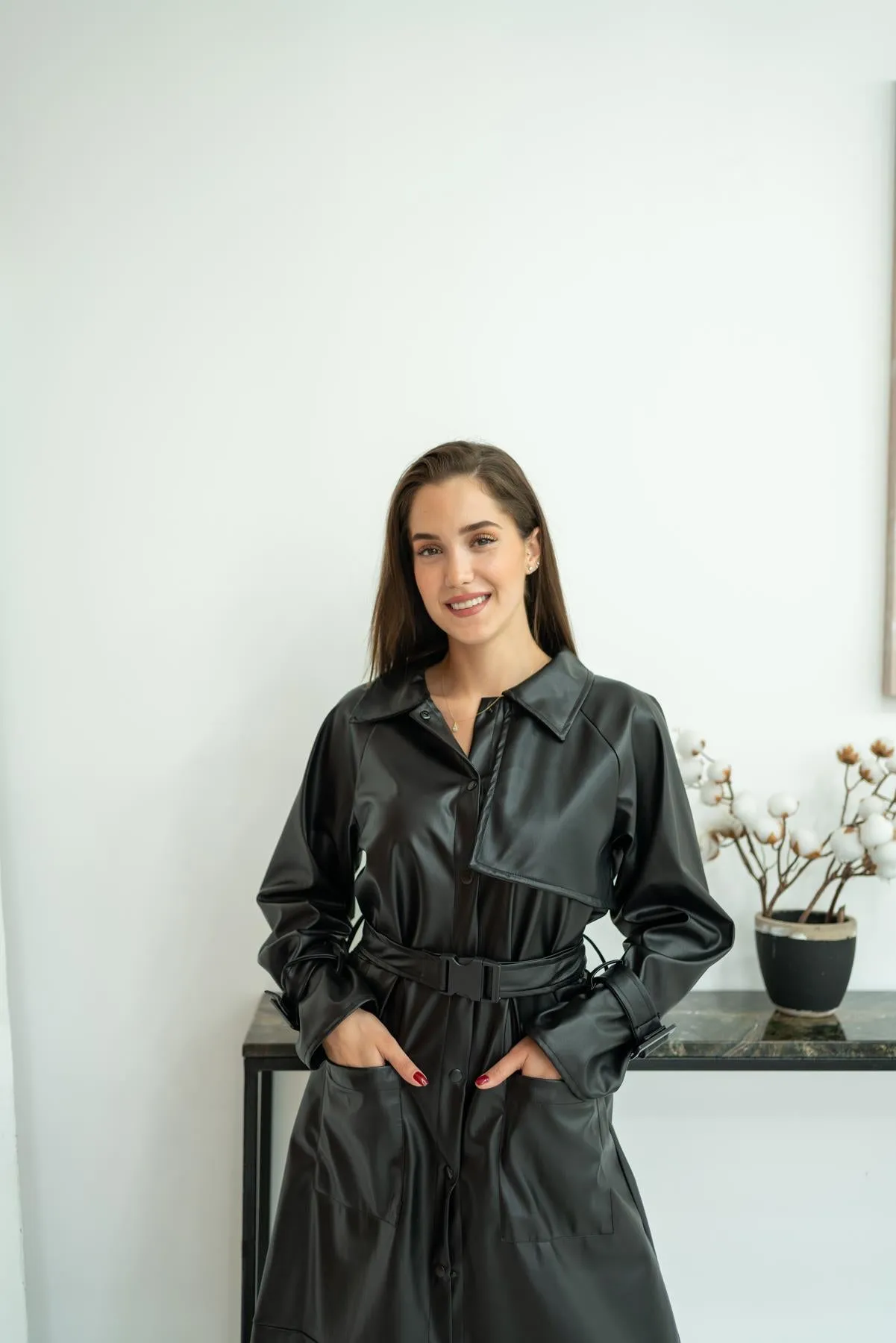 ELS Leather Trench Coat - Black - Mirabel