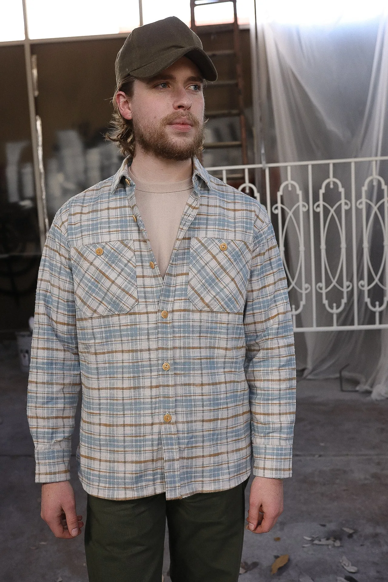 Flannel Work Shirt- Blue and Cream Slub