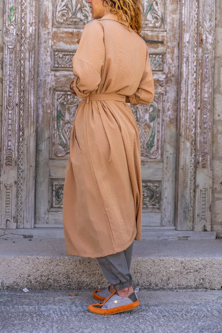 GNS Woman Camel Jacket Collar Buttoned Pocketed Self-Belted Loose Thin Trench Coat Bst3335 - Viersen