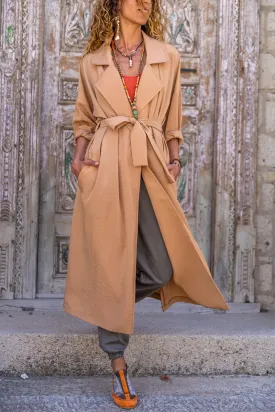 GNS Woman Camel Jacket Collar Buttoned Pocketed Self-Belted Loose Thin Trench Coat Bst3335 - Viersen