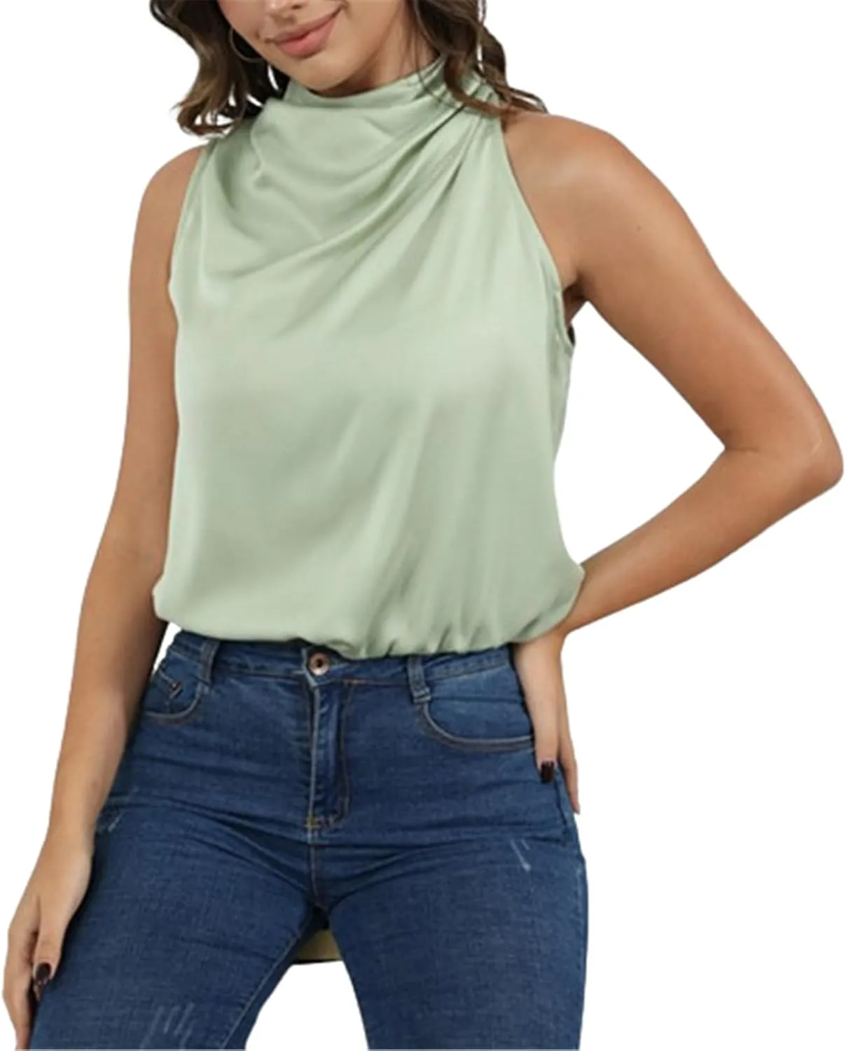 Halfword Women's 2024 Fashion Satin Tops Sleeveless Ruched Mock Neck Casual Loose Fit Blouse Shirt